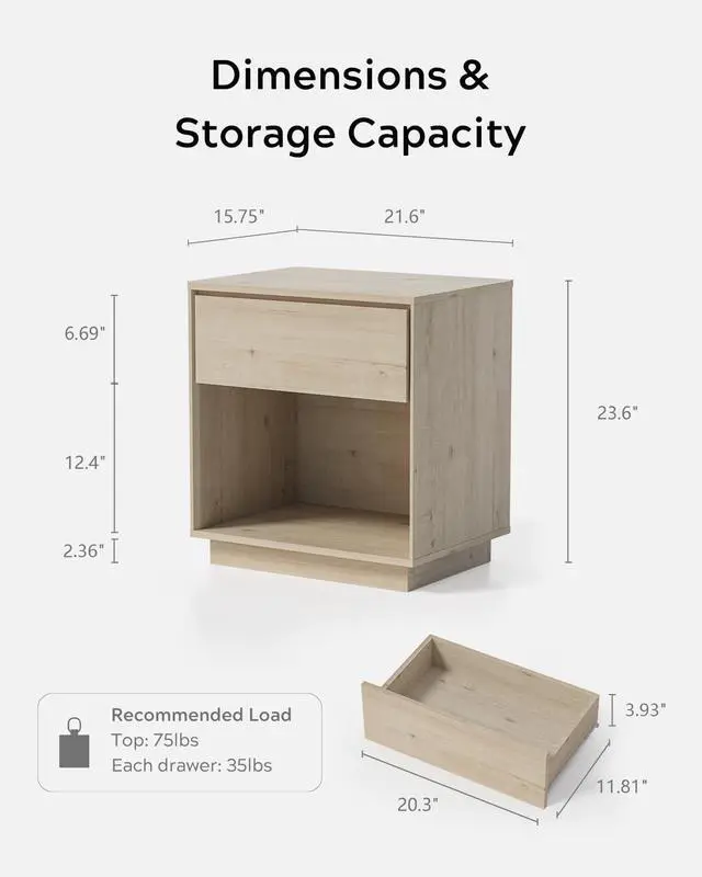 Alt view image 2 of 7 - Modern Nightstand, Wood End Side Table with Storage and Open Shelf, Farmhouse Accent Night Stand Bedside Table for Bedroom, Light Oak