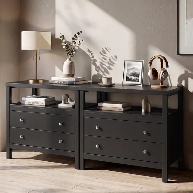 Alt view image 7 of 7 - 28 Inch Wide Night Stand, Black Nightstand with Open Shelf, 2 Drawers Bedside Table Storage End Tables for Bedroom Study Office, Modern Solid Wood Dresser with Zinnc Alloy Pulls