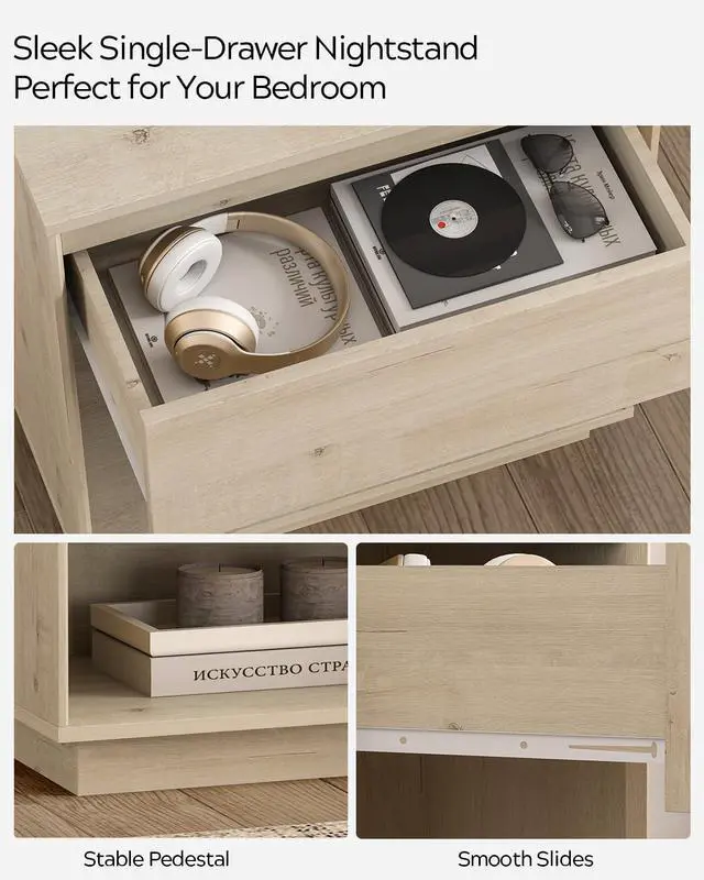 Alt view image 3 of 7 - Modern Nightstand, Wood End Side Table with Storage and Open Shelf, Farmhouse Accent Night Stand Bedside Table for Bedroom, Light Oak