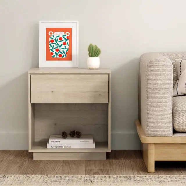 Alt view image 5 of 7 - Modern Nightstand, Wood End Side Table with Storage and Open Shelf, Farmhouse Accent Night Stand Bedside Table for Bedroom, Light Oak