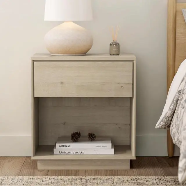 Alt view image 6 of 7 - Modern Nightstand, Wood End Side Table with Storage and Open Shelf, Farmhouse Accent Night Stand Bedside Table for Bedroom, Light Oak