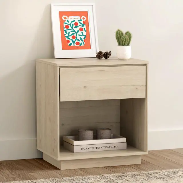 Main image of Modern Nightstand, Wood End Side Table with Storage and Open Shelf, Farmhouse Accent Night Stand Bedside Table for Bedroom, Light Oak