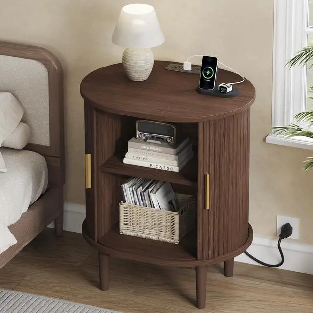 Main image of Mid Century Modern Nightstand with Charging Station, Fluted Accent Side Table with Sliding Door & Adjustable Shelf, End Table for Small Space, Living Room, Bedroom,Sofa Couch (1, Walnut)