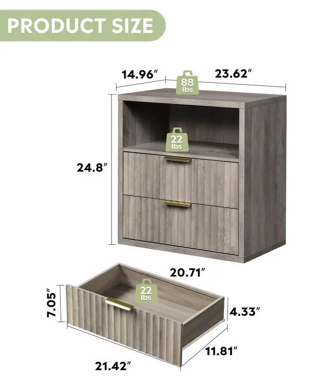Alt view image 2 of 6 - Fluted Night Stand, Wood Nightstands with 2 Storage Drawers and Open Shelf, Mid Century Modern Bed Side Tables for Bedroom, Dorm, Greige
