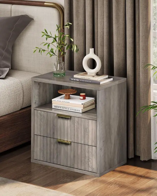 Main image of Fluted Night Stand, Wood Nightstands with 2 Storage Drawers and Open Shelf, Mid Century Modern Bed Side Tables for Bedroom, Dorm, Greige