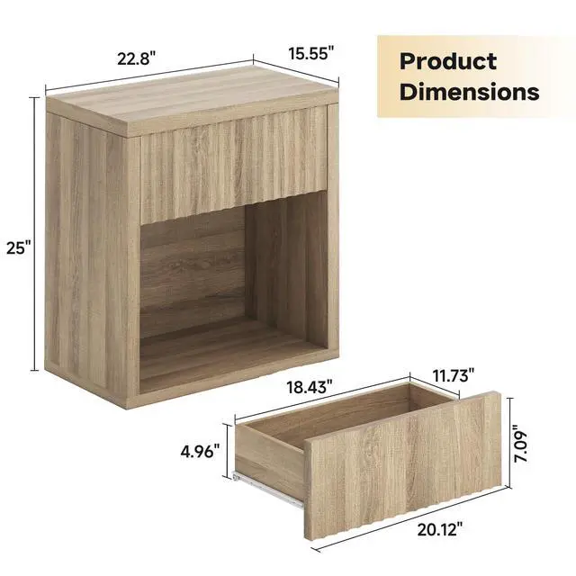 Alt view image 2 of 7 - Fluted Nightstand Set of 2, 22.8" Wide Nightstands with Drawer Storage Large Wood BedsideTable Night Stands for Bedroom, Natural Oak