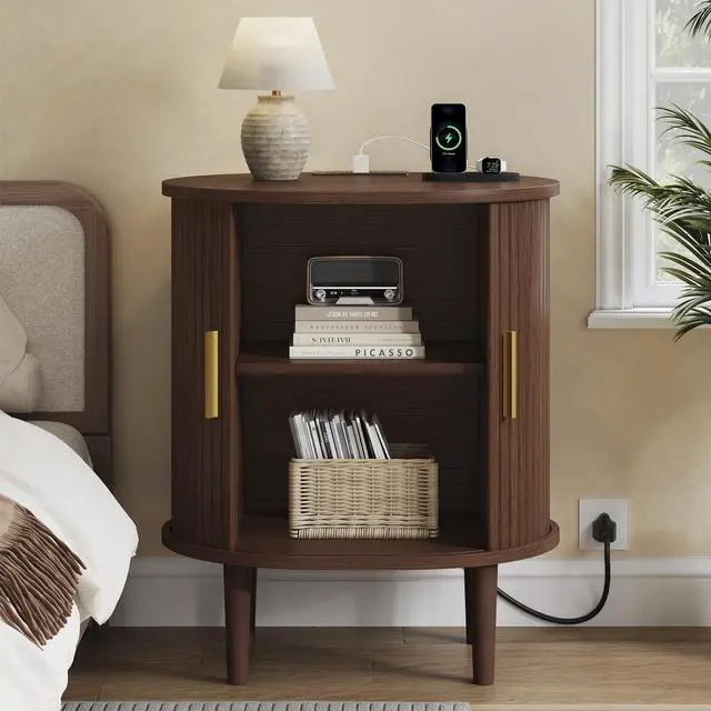 Alt view image 2 of 7 - Mid Century Modern Nightstand with Charging Station, Fluted Accent Side Table with Sliding Door & Adjustable Shelf, End Table for Small Space, Living Room, Bedroom,Sofa Couch (1, Walnut)