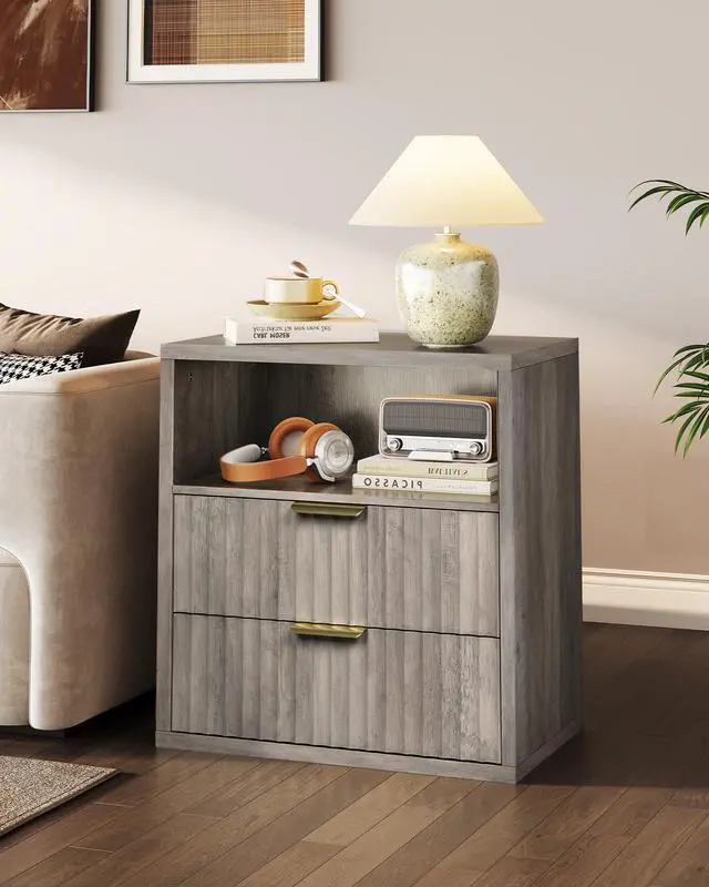 Alt view image 3 of 6 - Fluted Night Stand, Wood Nightstands with 2 Storage Drawers and Open Shelf, Mid Century Modern Bed Side Tables for Bedroom, Dorm, Greige
