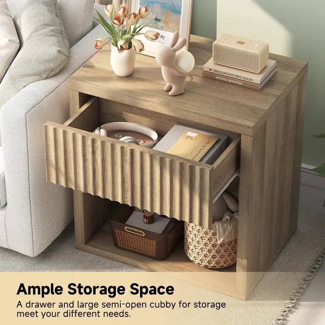 Alt view image 3 of 7 - Fluted Nightstand Set of 2, 22.8" Wide Nightstands with Drawer Storage Large Wood BedsideTable Night Stands for Bedroom, Natural Oak