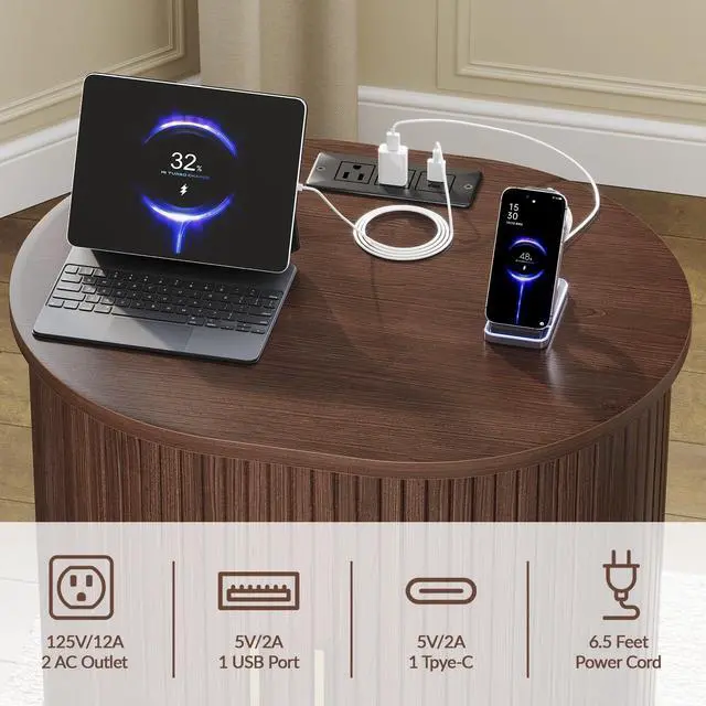 Alt view image 4 of 7 - Mid Century Modern Nightstand with Charging Station, Fluted Accent Side Table with Sliding Door & Adjustable Shelf, End Table for Small Space, Living Room, Bedroom,Sofa Couch (1, Walnut)