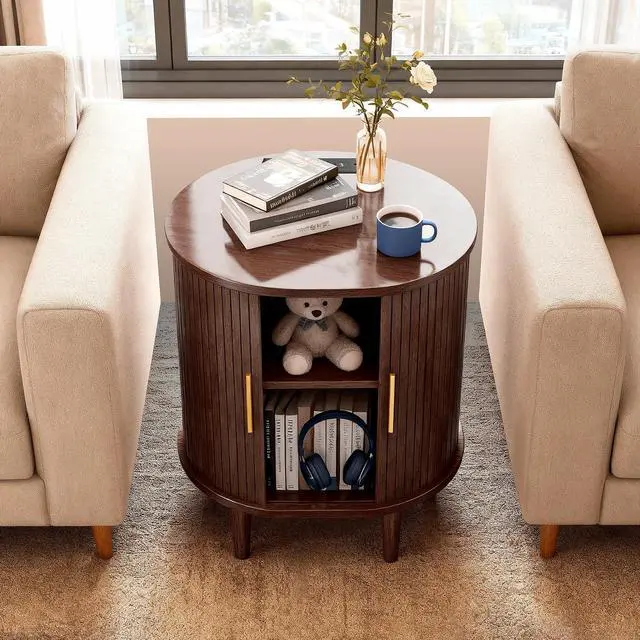 Alt view image 5 of 7 - Mid Century Modern Nightstand with Charging Station, Fluted Accent Side Table with Sliding Door & Adjustable Shelf, End Table for Small Space, Living Room, Bedroom,Sofa Couch (1, Walnut)