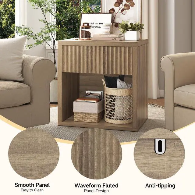 Alt view image 5 of 7 - Fluted Nightstand Set of 2, 22.8" Wide Nightstands with Drawer Storage Large Wood BedsideTable Night Stands for Bedroom, Natural Oak