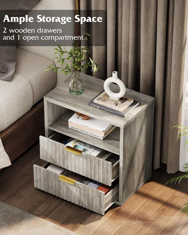 Alt view image 4 of 6 - Fluted Night Stand, Wood Nightstands with 2 Storage Drawers and Open Shelf, Mid Century Modern Bed Side Tables for Bedroom, Dorm, Greige
