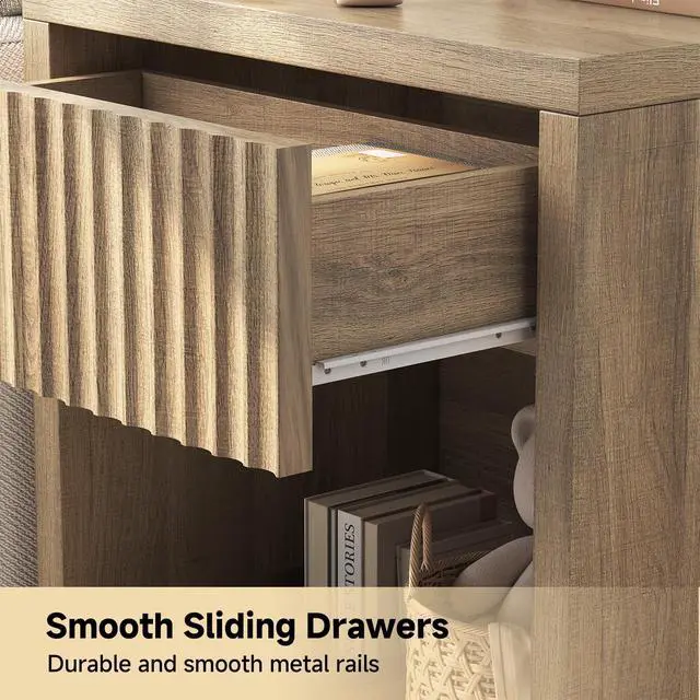 Alt view image 4 of 7 - Fluted Nightstand Set of 2, 22.8" Wide Nightstands with Drawer Storage Large Wood BedsideTable Night Stands for Bedroom, Natural Oak