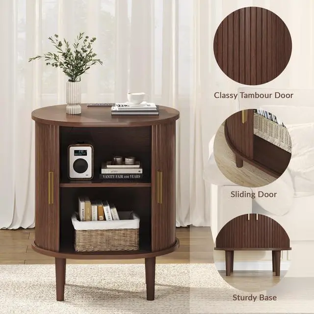 Alt view image 6 of 7 - Mid Century Modern Nightstand with Charging Station, Fluted Accent Side Table with Sliding Door & Adjustable Shelf, End Table for Small Space, Living Room, Bedroom,Sofa Couch (1, Walnut)