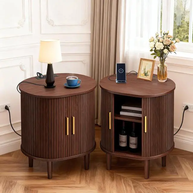 Alt view image 7 of 7 - Mid Century Modern Nightstand with Charging Station, Fluted Accent Side Table with Sliding Door & Adjustable Shelf, End Table for Small Space, Living Room, Bedroom,Sofa Couch (1, Walnut)
