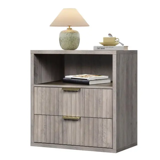 Alt view image 6 of 6 - Fluted Night Stand, Wood Nightstands with 2 Storage Drawers and Open Shelf, Mid Century Modern Bed Side Tables for Bedroom, Dorm, Greige