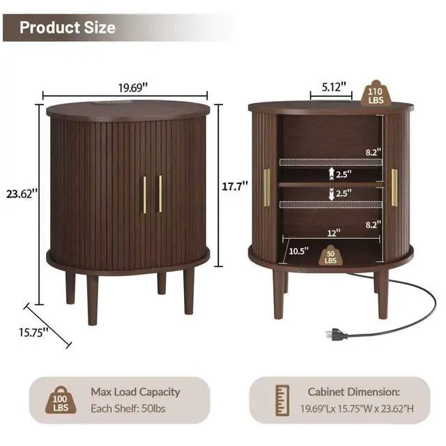 Alt view image 3 of 7 - Mid Century Modern Nightstand with Charging Station, Fluted Accent Side Table with Sliding Door & Adjustable Shelf, End Table for Small Space, Living Room, Bedroom,Sofa Couch (1, Walnut)