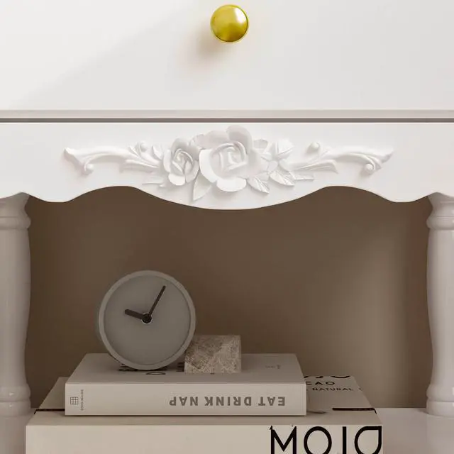 Alt view image 3 of 7 - White Accent Nightstand with 2 Drawers, Bottom Shelf & Carve Pattern, Modern Wooden Night Stand Bedside Table, Versatile End Sofa Bed Side Table for Bedroom Living Room