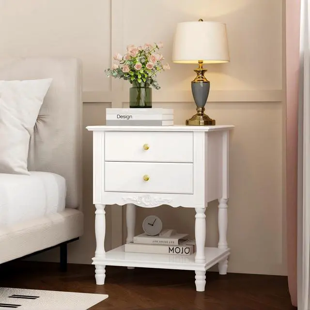 Main image of White Accent Nightstand with 2 Drawers, Bottom Shelf & Carve Pattern, Modern Wooden Night Stand Bedside Table, Versatile End Sofa Bed Side Table for Bedroom Living Room