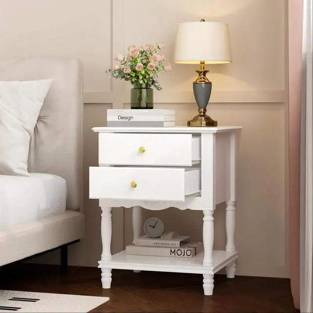 Alt view image 2 of 7 - White Accent Nightstand with 2 Drawers, Bottom Shelf & Carve Pattern, Modern Wooden Night Stand Bedside Table, Versatile End Sofa Bed Side Table for Bedroom Living Room