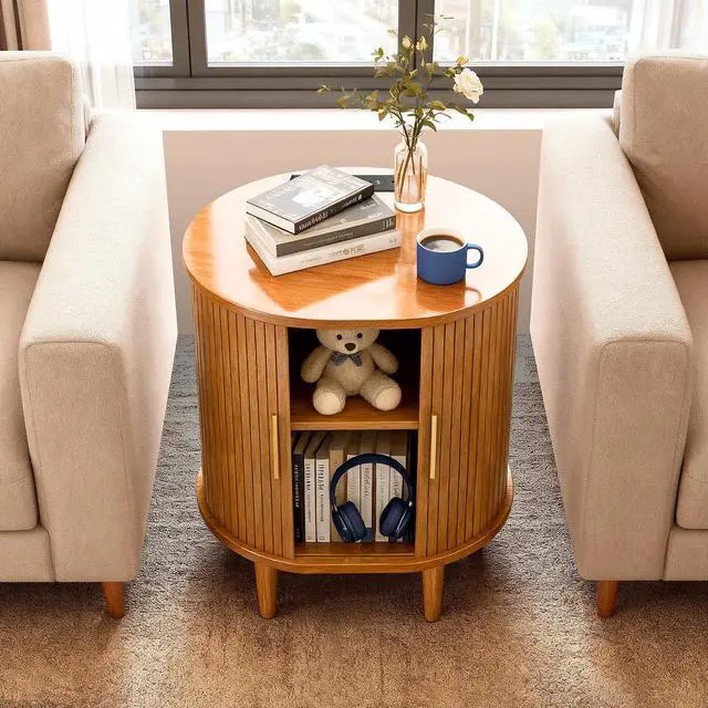 Alt view image 4 of 7 - Mid Century Modern Nightstand with Charging Station, Fluted Accent Side Table with Sliding Door & Adjustable Shelf, End Table for Small Space, Living Room, Bedroom,Sofa Couch(1, Yellow)