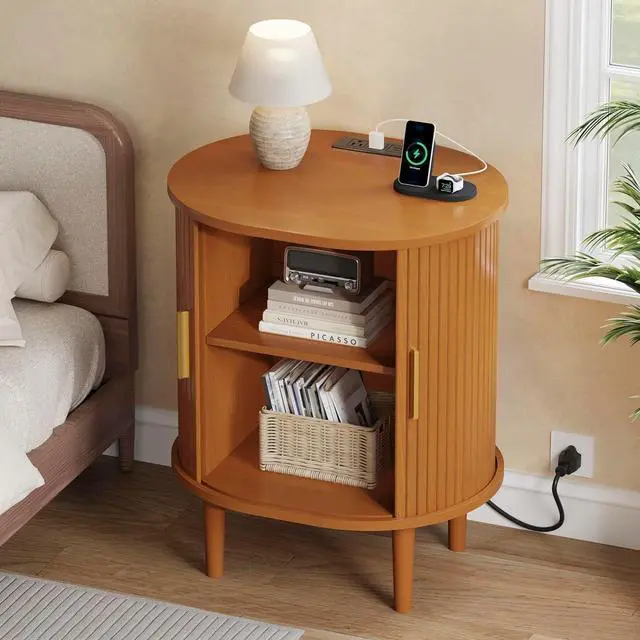 Main image of Mid Century Modern Nightstand with Charging Station, Fluted Accent Side Table with Sliding Door & Adjustable Shelf, End Table for Small Space, Living Room, Bedroom,Sofa Couch(1, Yellow)
