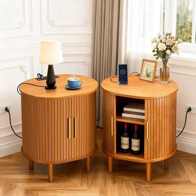 Alt view image 3 of 7 - Mid Century Modern Nightstand with Charging Station, Fluted Accent Side Table with Sliding Door & Adjustable Shelf, End Table for Small Space, Living Room, Bedroom,Sofa Couch(1, Yellow)