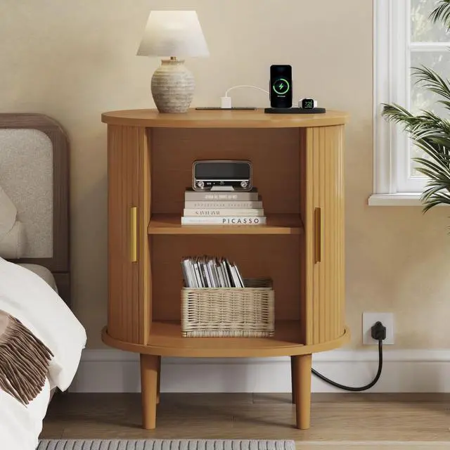 Alt view image 2 of 7 - Mid Century Modern Nightstand with Charging Station, Fluted Accent Side Table with Sliding Door & Adjustable Shelf, End Table for Small Space, Living Room, Bedroom,Sofa Couch(1, Yellow)