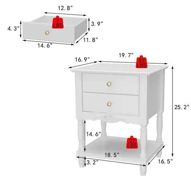 Alt view image 7 of 7 - White Accent Nightstand with 2 Drawers, Bottom Shelf & Carve Pattern, Modern Wooden Night Stand Bedside Table, Versatile End Sofa Bed Side Table for Bedroom Living Room