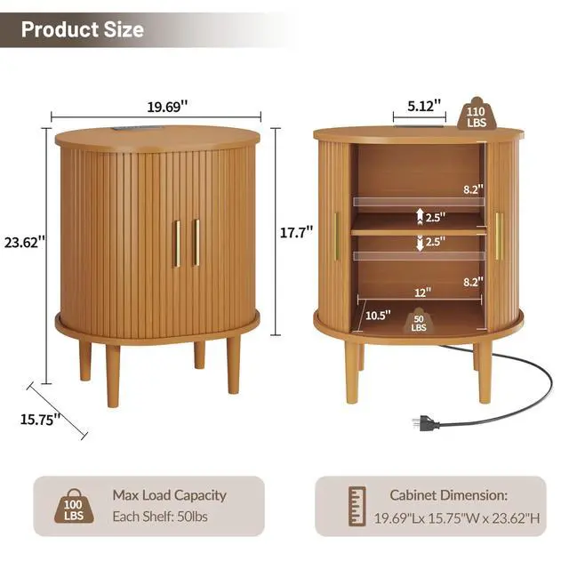 Alt view image 5 of 7 - Mid Century Modern Nightstand with Charging Station, Fluted Accent Side Table with Sliding Door & Adjustable Shelf, End Table for Small Space, Living Room, Bedroom,Sofa Couch(1, Yellow)
