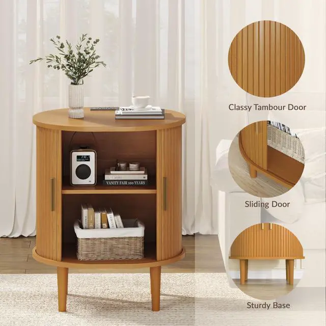 Alt view image 7 of 7 - Mid Century Modern Nightstand with Charging Station, Fluted Accent Side Table with Sliding Door & Adjustable Shelf, End Table for Small Space, Living Room, Bedroom,Sofa Couch(1, Yellow)