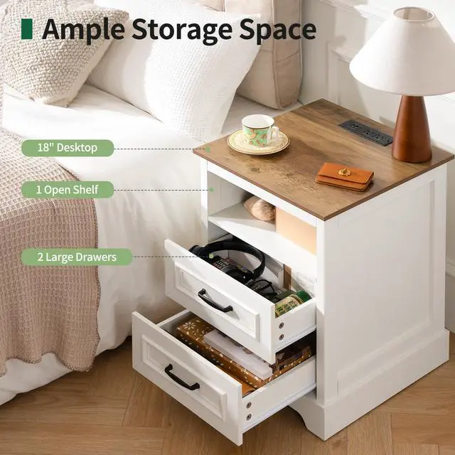 Alt view image 3 of 7 - Farmhouse Nightstand with Charging Station, Wood Night Stand with Drawers, Bedside Table, Nightstands with Open Storage Shelf, Rustic Night Stands for Bedroom, Closet, 18" Wide, 24" Tall