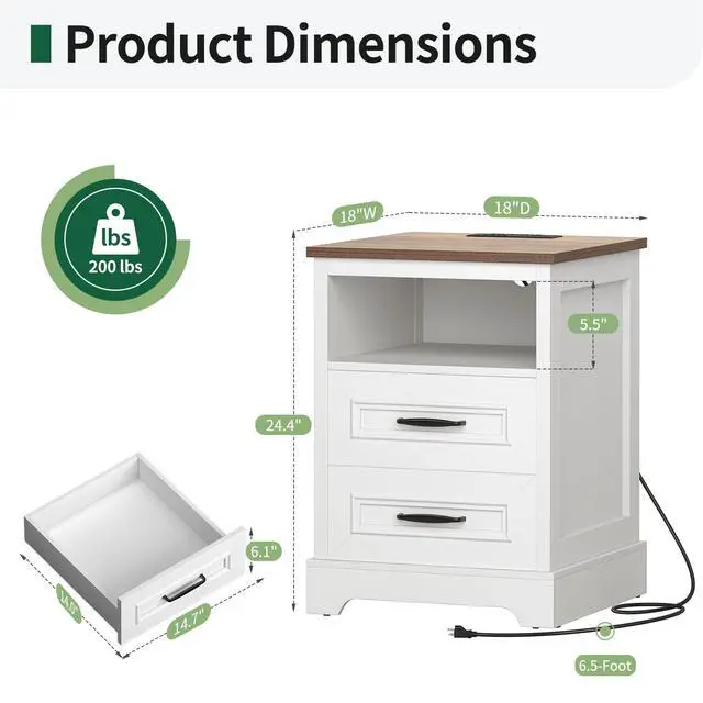 Alt view image 5 of 7 - Farmhouse Nightstand with Charging Station, Wood Night Stand with Drawers, Bedside Table, Nightstands with Open Storage Shelf, Rustic Night Stands for Bedroom, Closet, 18" Wide, 24" Tall