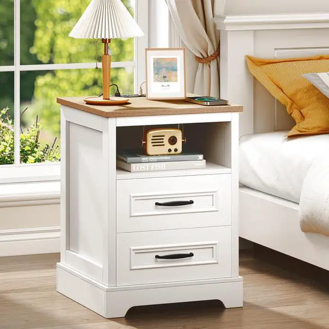 Alt view image 2 of 7 - Farmhouse Nightstand with Charging Station, Wood Night Stand with Drawers, Bedside Table, Nightstands with Open Storage Shelf, Rustic Night Stands for Bedroom, Closet, 18" Wide, 24" Tall