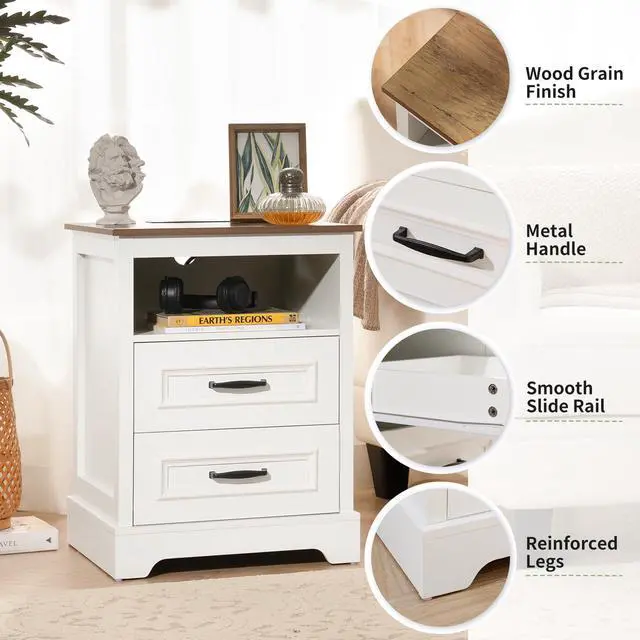 Alt view image 6 of 7 - Farmhouse Nightstand with Charging Station, Wood Night Stand with Drawers, Bedside Table, Nightstands with Open Storage Shelf, Rustic Night Stands for Bedroom, Closet, 18" Wide, 24" Tall