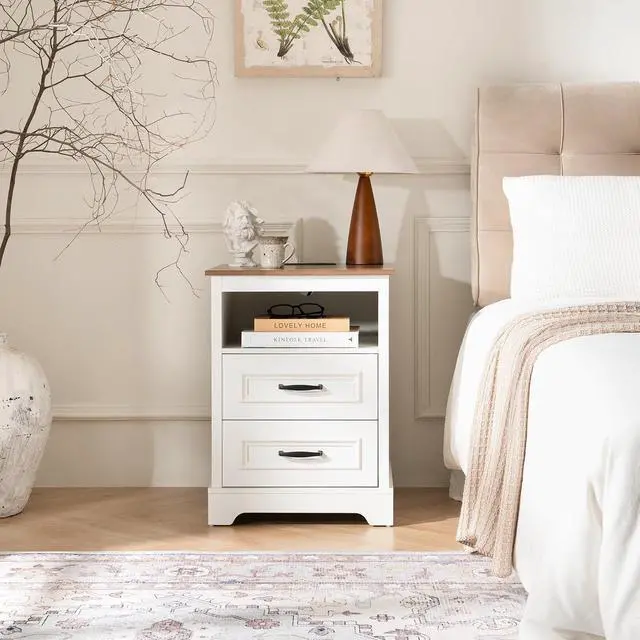 Alt view image 7 of 7 - Farmhouse Nightstand with Charging Station, Wood Night Stand with Drawers, Bedside Table, Nightstands with Open Storage Shelf, Rustic Night Stands for Bedroom, Closet, 18" Wide, 24" Tall