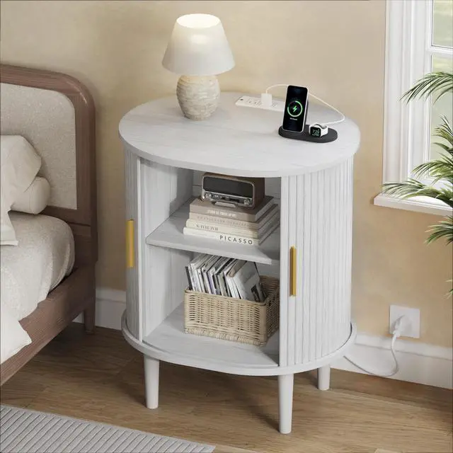 Main image of Mid Century Modern Nightstand with Charging Station, Fluted Accent Side Table with Sliding Door & Adjustable Shelf, End Table for Small Space, Living Room, Bedroom,Sofa Couch(1, White)