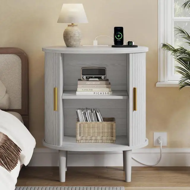 Alt view image 3 of 7 - Mid Century Modern Nightstand with Charging Station, Fluted Accent Side Table with Sliding Door & Adjustable Shelf, End Table for Small Space, Living Room, Bedroom,Sofa Couch(1, White)