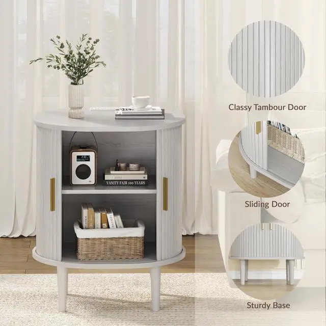 Alt view image 6 of 7 - Mid Century Modern Nightstand with Charging Station, Fluted Accent Side Table with Sliding Door & Adjustable Shelf, End Table for Small Space, Living Room, Bedroom,Sofa Couch(1, White)