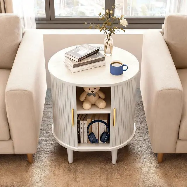 Alt view image 4 of 7 - Mid Century Modern Nightstand with Charging Station, Fluted Accent Side Table with Sliding Door & Adjustable Shelf, End Table for Small Space, Living Room, Bedroom,Sofa Couch(1, White)