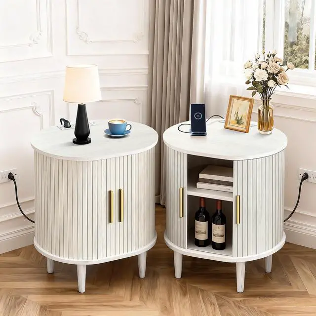 Alt view image 7 of 7 - Mid Century Modern Nightstand with Charging Station, Fluted Accent Side Table with Sliding Door & Adjustable Shelf, End Table for Small Space, Living Room, Bedroom,Sofa Couch(1, White)
