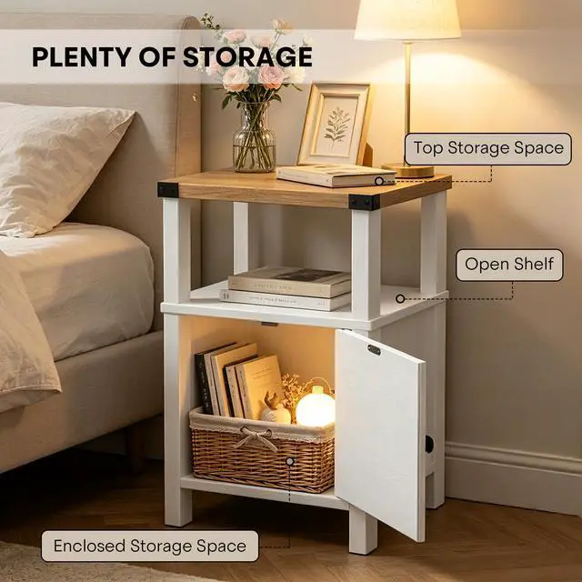 Alt view image 3 of 7 - Set of 2 Farmhouse Nightstands, Sofa Side End Table with Storage, Wood Bedside Table with Barn Door for Bedroom Living Room Rustic Vintage White