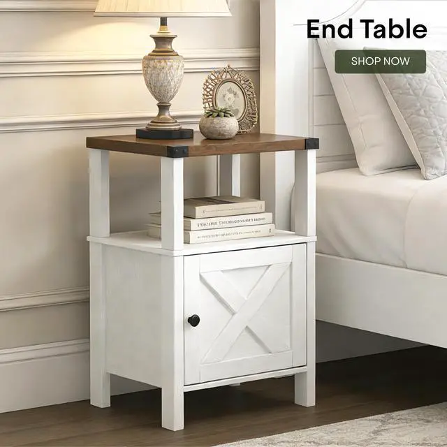 Alt view image 5 of 7 - Set of 2 Farmhouse Nightstands, Sofa Side End Table with Storage, Wood Bedside Table with Barn Door for Bedroom Living Room Rustic Vintage White