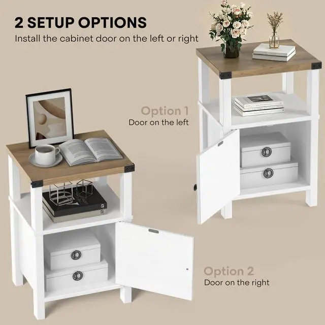 Alt view image 6 of 7 - Set of 2 Farmhouse Nightstands, Sofa Side End Table with Storage, Wood Bedside Table with Barn Door for Bedroom Living Room Rustic Vintage White