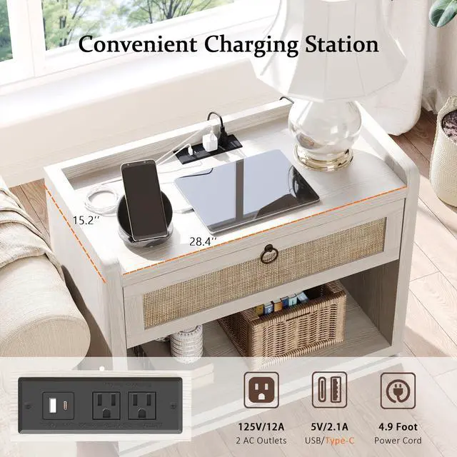 Alt view image 5 of 7 - 31" Wide Rattan Nightstand with Charging Station, End Side Table