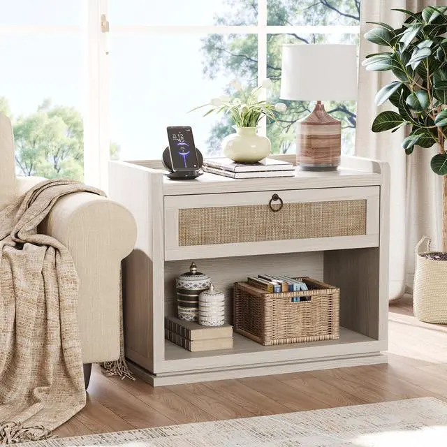 Alt view image 2 of 7 - 31" Wide Rattan Nightstand with Charging Station, End Side Table