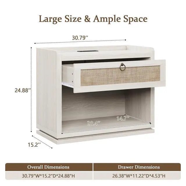 Alt view image 4 of 7 - 31" Wide Rattan Nightstand with Charging Station, End Side Table