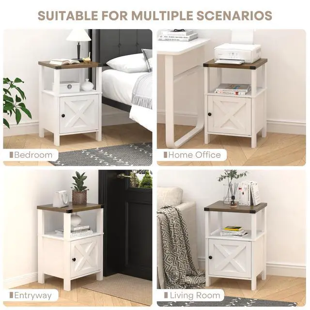 Alt view image 7 of 7 - Set of 2 Farmhouse Nightstands, Sofa Side End Table with Storage, Wood Bedside Table with Barn Door for Bedroom Living Room Rustic Vintage White