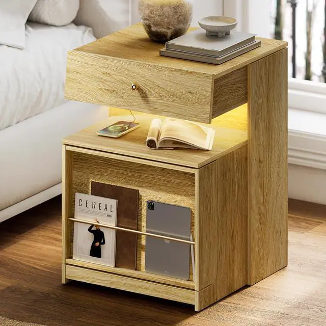 Main image of Nightstand with Charging Station and LED Lights, Night Stand with Sliding Top, Wood Modern Bedside End Table with Storage Drawer and Front Storage for Bedroom, Natural Oak